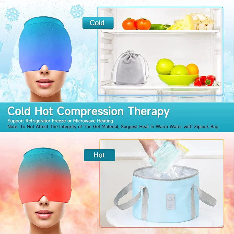 Form Fitting Gel Ice Headache Relief Hat - Cold Compress Therapy Cap for Migraine - Ice Head Wrap Mask for Sinus & Stress