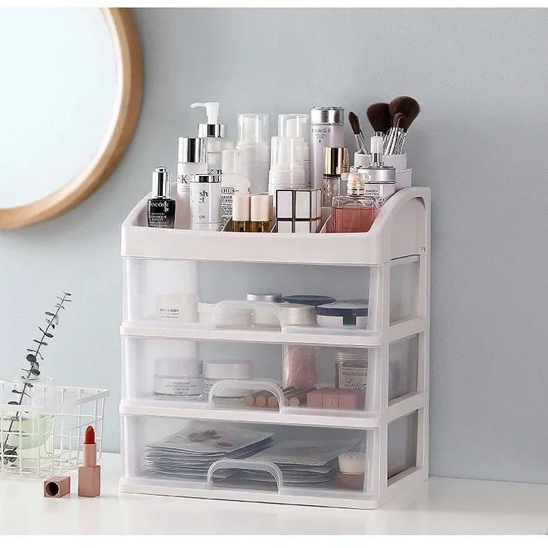 Makeup Case and Jewelry Container - Plastic Organizer with Drawers and Brush Holder for Cosmetics