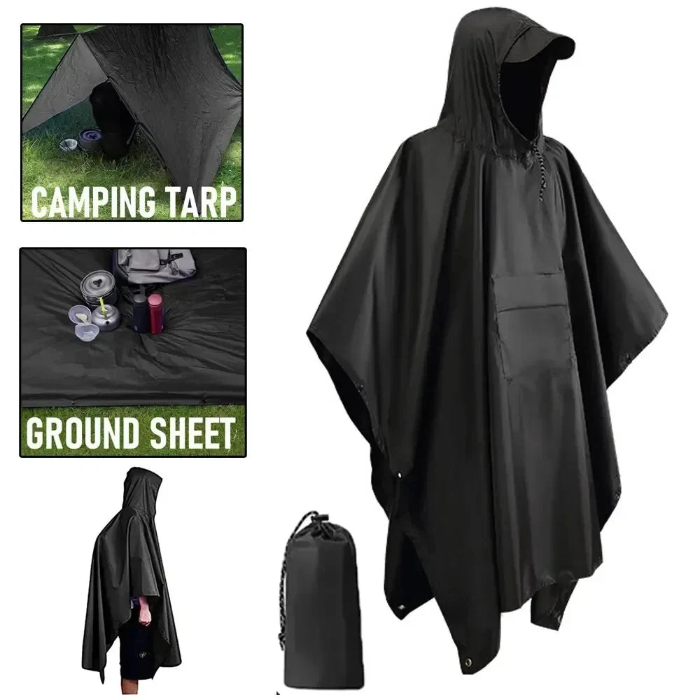 3 in 1 Outdoor Military Raincoat - Hooded Waterproof Rain Poncho with Sleeves, Motorcycle Rain Cover, Ideal for Camping, Hiking and Travel