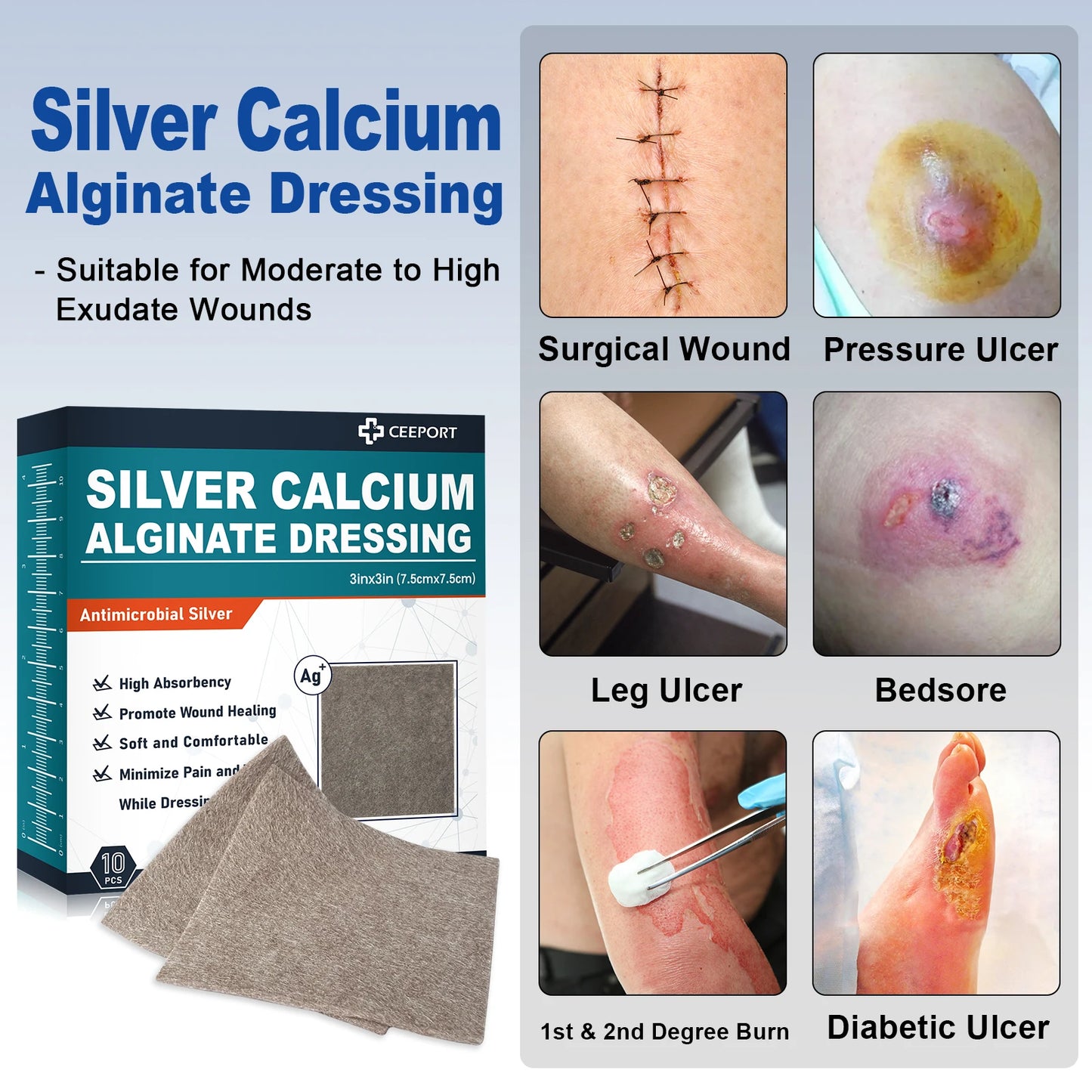 Ceeport Ag Silver Calcium Alginate Wound Dressing Pads: Soft Silver Highly Absorbent Dressings for Wound Care - Available in 2/3/4in Sizes, Sets of 5/10pcs