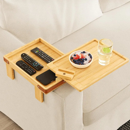 Black Sofa Armrest Tray with Storage Box – Couch Arm Table with 360° Rotating Top & Phone Stand