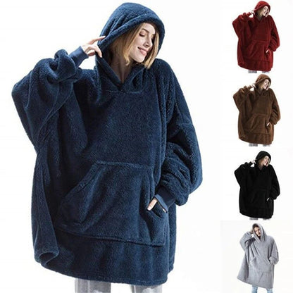 2024 Double-Faced Fleece Hoodie Blanket for Couples - Oversized, Warm Winter Robe with Large Pocket for Women and Men