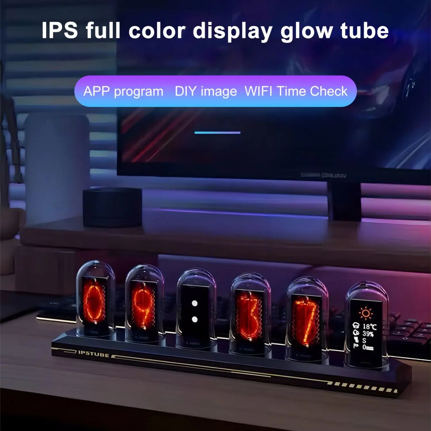 RGB Nixie Tube Clock – LED Glows with IPS Color Screen, DIY Analog Digital Tube Night Light for Gaming Desktop and Home Decoration, Perfect Gift Idea