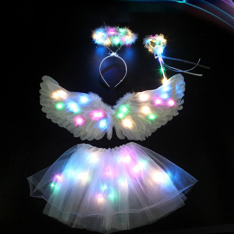 LED Luminous Angel Feather Wings Tutu - Glow in The Dark Princess Fairy Wings for Wedding, Birthday, and Cosplay Parties - Perfect for Adults and Kids