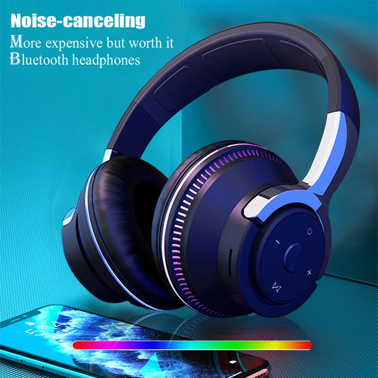 Bluetooth Headphones with Noise Reduction, Wireless Headset for Phones and PC, Gaming Headset with Heavy Bass and Colorful LED Lights