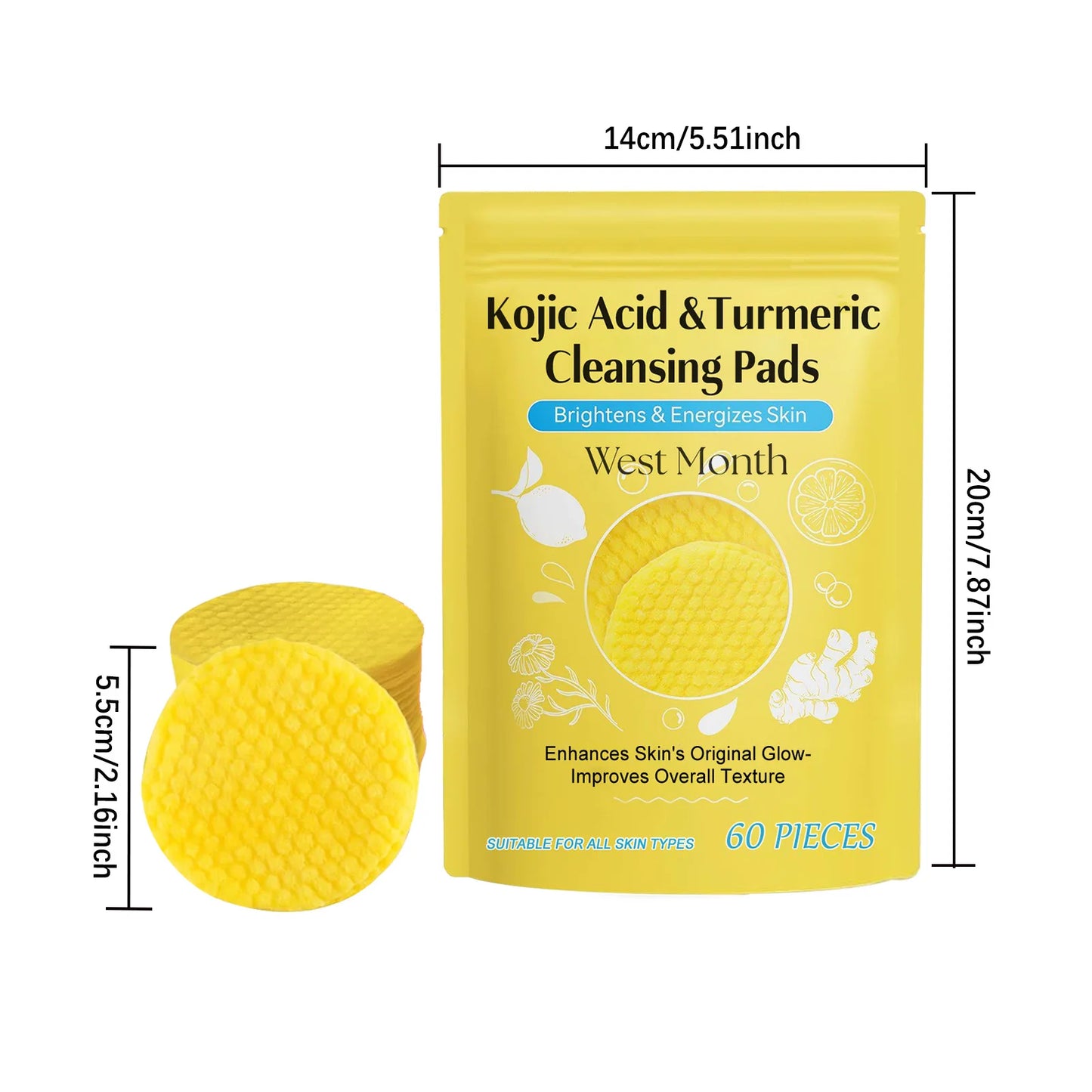 Turmeric and Kojic Acid Cleansing Pads - Exfoliating Facial Sponges for Acne, Dead Skin Removal, Oil Control, and Skin Glow