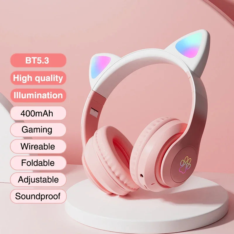 New Cat Bluetooth Headphones with Wireless Gradient LED Light & Mic, Kids' Stereo Music Headset, Perfect Gamer Gift