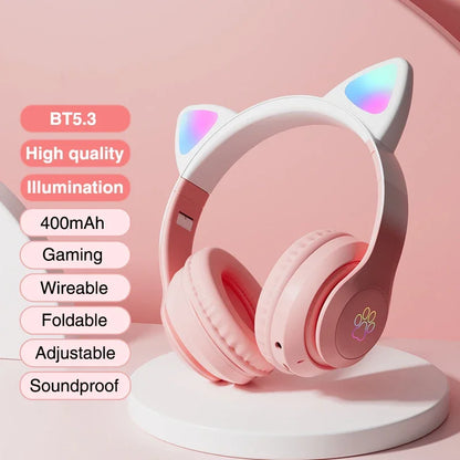 New Cat Bluetooth Headphones with Wireless Gradient LED Light & Mic, Kids' Stereo Music Headset, Perfect Gamer Gift