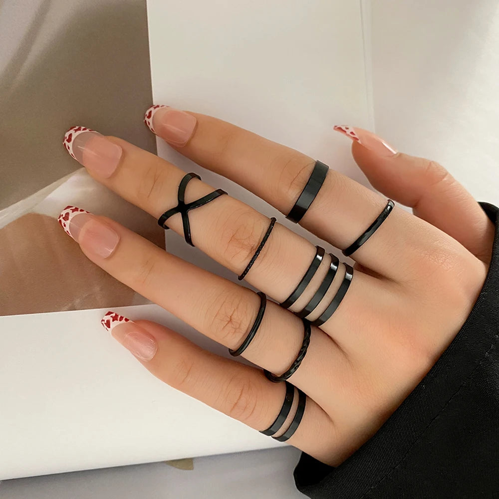 2023 Kpop Punk Geometric Black Chain Open Ring - Luxury Vintage Grunge Aesthetic Jewelry for Women, Y2K EMO Accessories