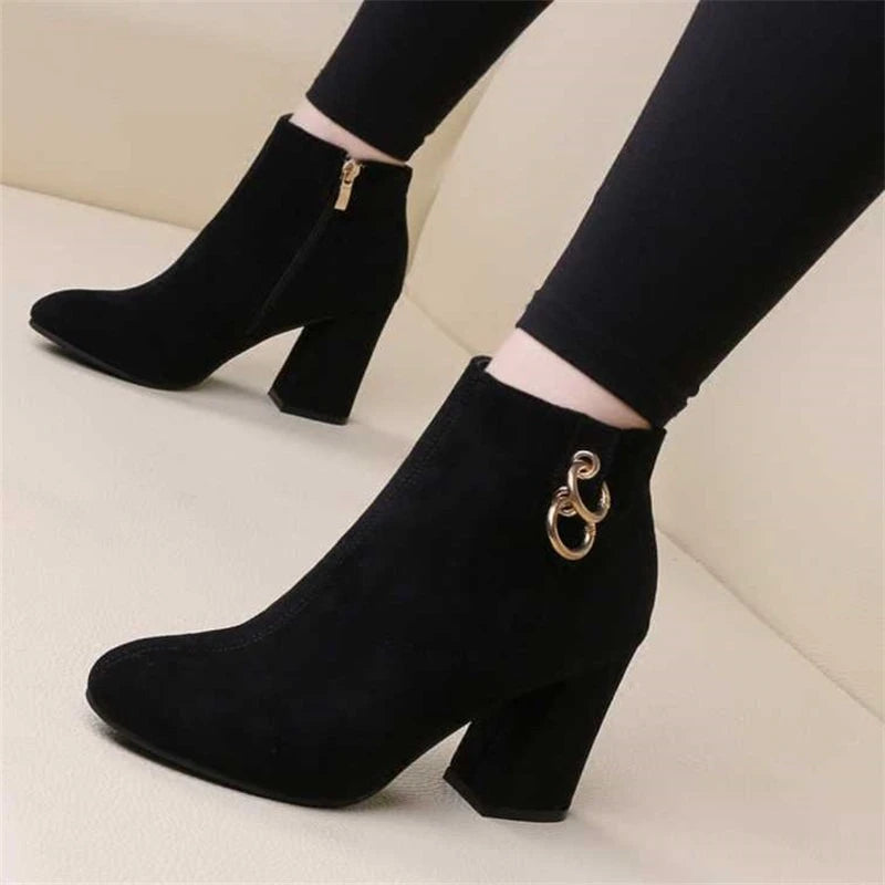 Retro Plush Warm Ankle Boots for Women - Vintage Block Heel High Heels with Zipper, Autumn Winter Footwear in Big Sizes 43