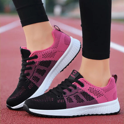 Women Casual Breathable Mesh Lace-Up Flat Shoes: Walking Sneakers in Pink, Black, White - Tenis Feminino