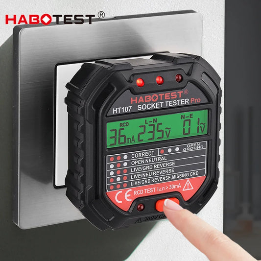 HT107 Outlet Socket Tester - Digital Plug AC Voltage Detector | 30mA RCD Test, Polarity, Phase Check | Bicolor Backlight Circuit Checker