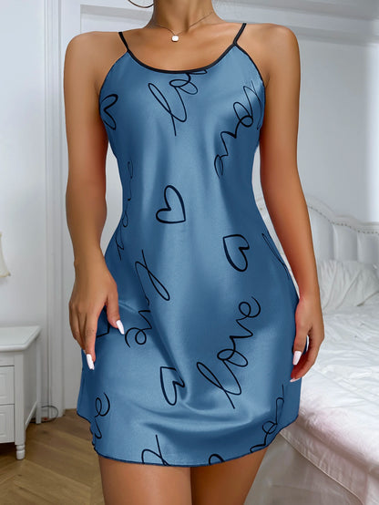 Heart Print Nightdress: Elegant Scoop Neck with Criss Cross Back - Comfortable Women's Sleepwear for Sweet Dreams