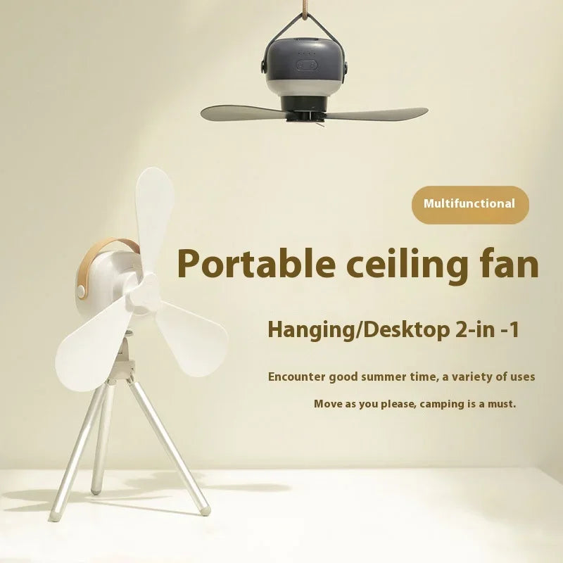 Portable Ceiling Fan with Rechargeable LED Light - Electric Night Lamp, Hanging Fan for Home & Outdoor Camping Tents, Remote Control