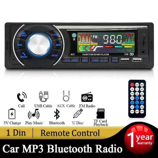 SINOVCLE Car Bluetooth Stereo MP3 Player: 1-Din FM Receiver with Phone Charging & AUX/USB/TF Card Support