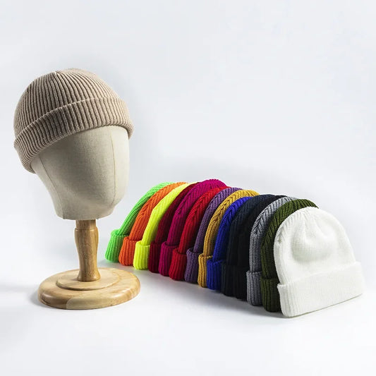 Korean Autumn and Winter Knitted Hats - Thick Woolen Cap for Men and Women in White, Black, Navy and Red