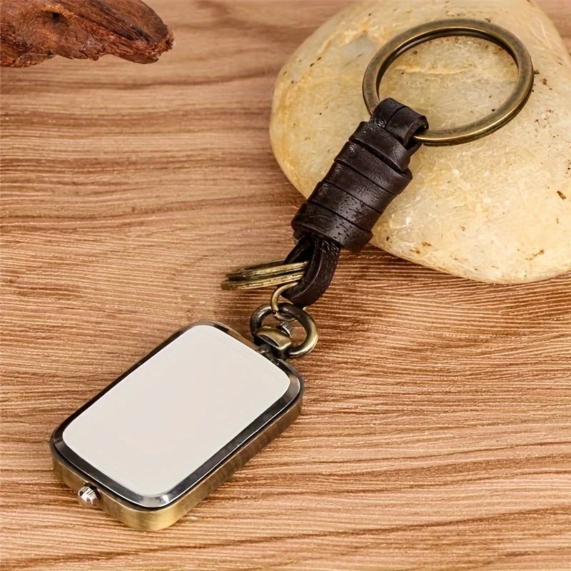 Bronze Square Keychain Pocket Watch - Retro Double Time Quartz Movement, Antique Style Pendant without Cover