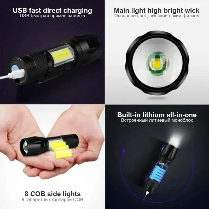 USB Rechargeable Mini Flashlight – COB+XPE Portable, Zoomable, 3 Mode Torch for Camping & Emergency