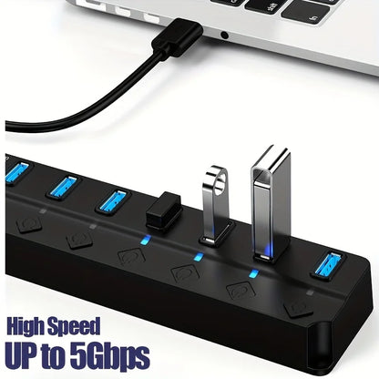 4/7-Port USB 3.0 Hub with LED Indicator - Independent Switch Control for Laptop, Flash Drives, Hard Drives, Printers, Cameras, and Keyboards