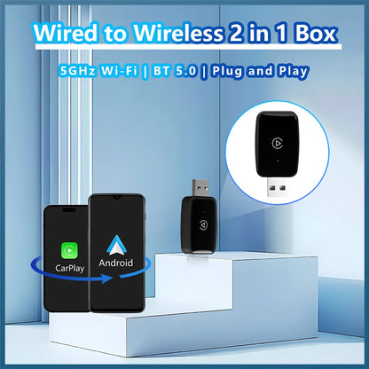 2024 Wireless CarPlay and Android Auto Adapter – 2 in 1 Smart Dongle with 5G WiFi and Bluetooth 5, Plug and Play for Wired Connections