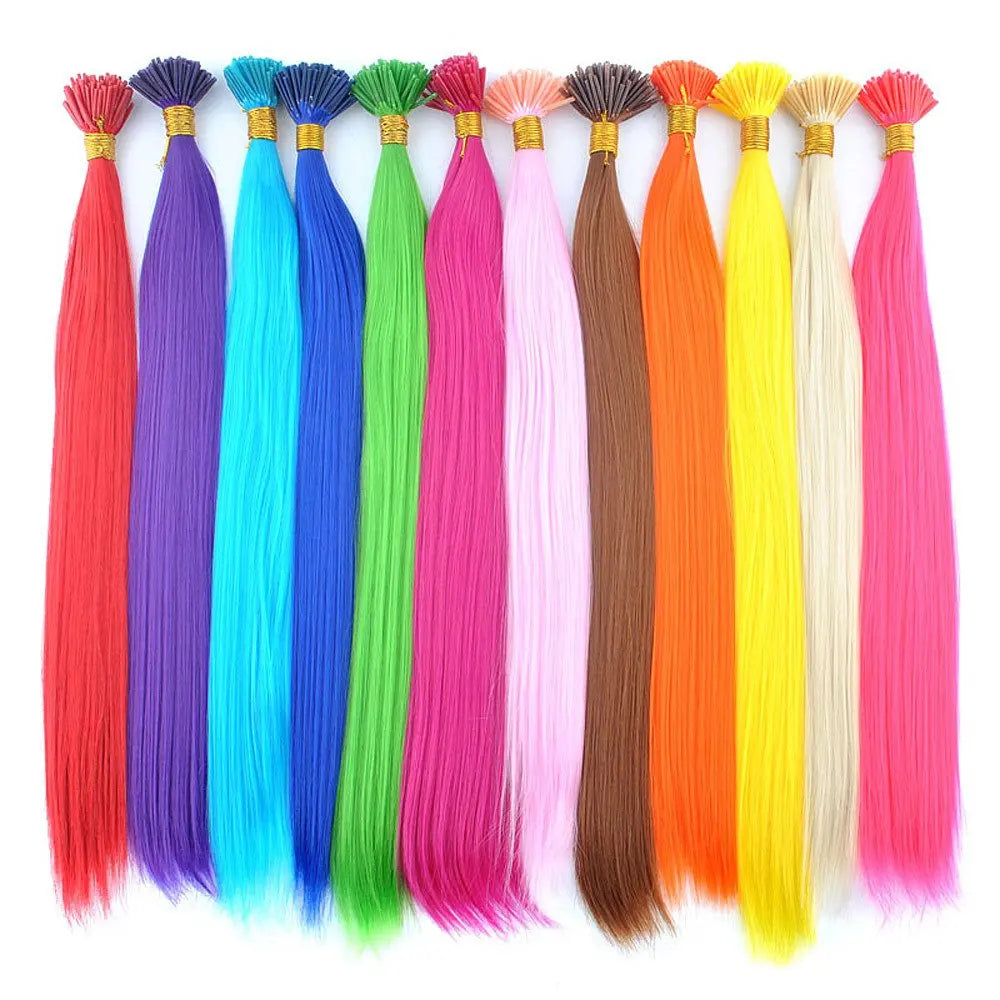 Rainbow Synthetic Hair Extensions: Colored Kanekalon I-Tip Keratin Fusion for Hair Strands, Pieces, and Extensions