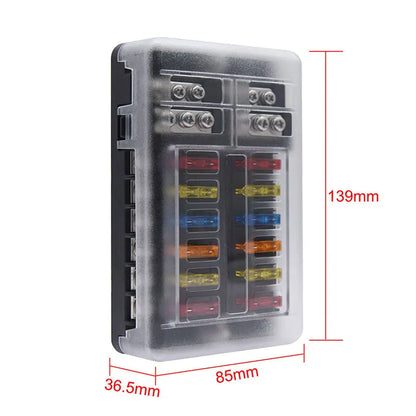 12-Way Car Boat Fuse Box Holder: Blade Fuse Holder Block with Warning Indicator - 12V~24V Power Distribution Panel Board