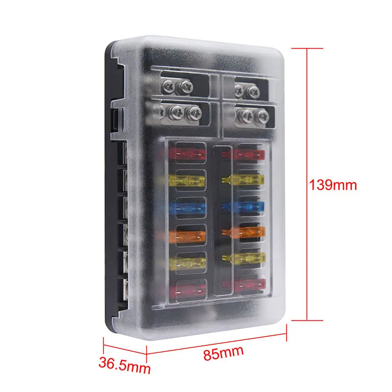 12-Way Car Boat Fuse Box Holder: with Blade Fuse Block & Warning Indicator - 12V~24V Power Distribution Panel Board