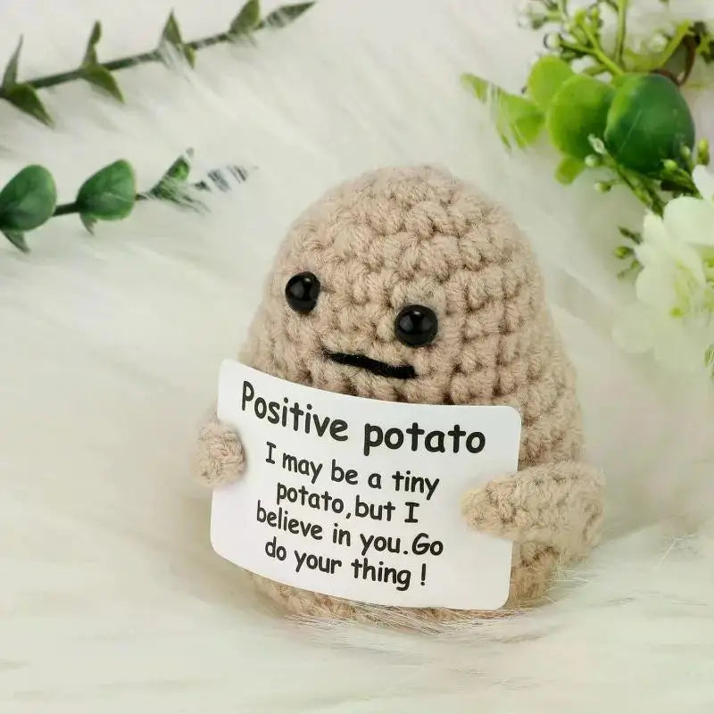 Positive Energy Potato Hug Pocket Mini Plush Doll - Handmade Wool Knitting with Card, Funny Christmas Gift and Room Decoration