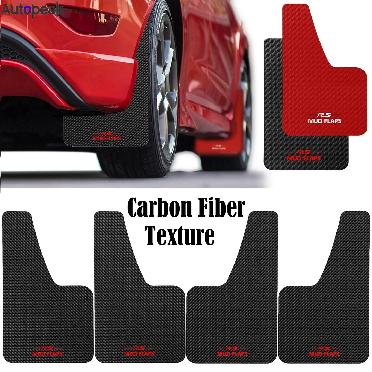 Carbon Fiber Effect Splash Guards Mud Flaps: Universal Front Rear RED Car Mudguards Fender Cover Flares with Hardware Accessories