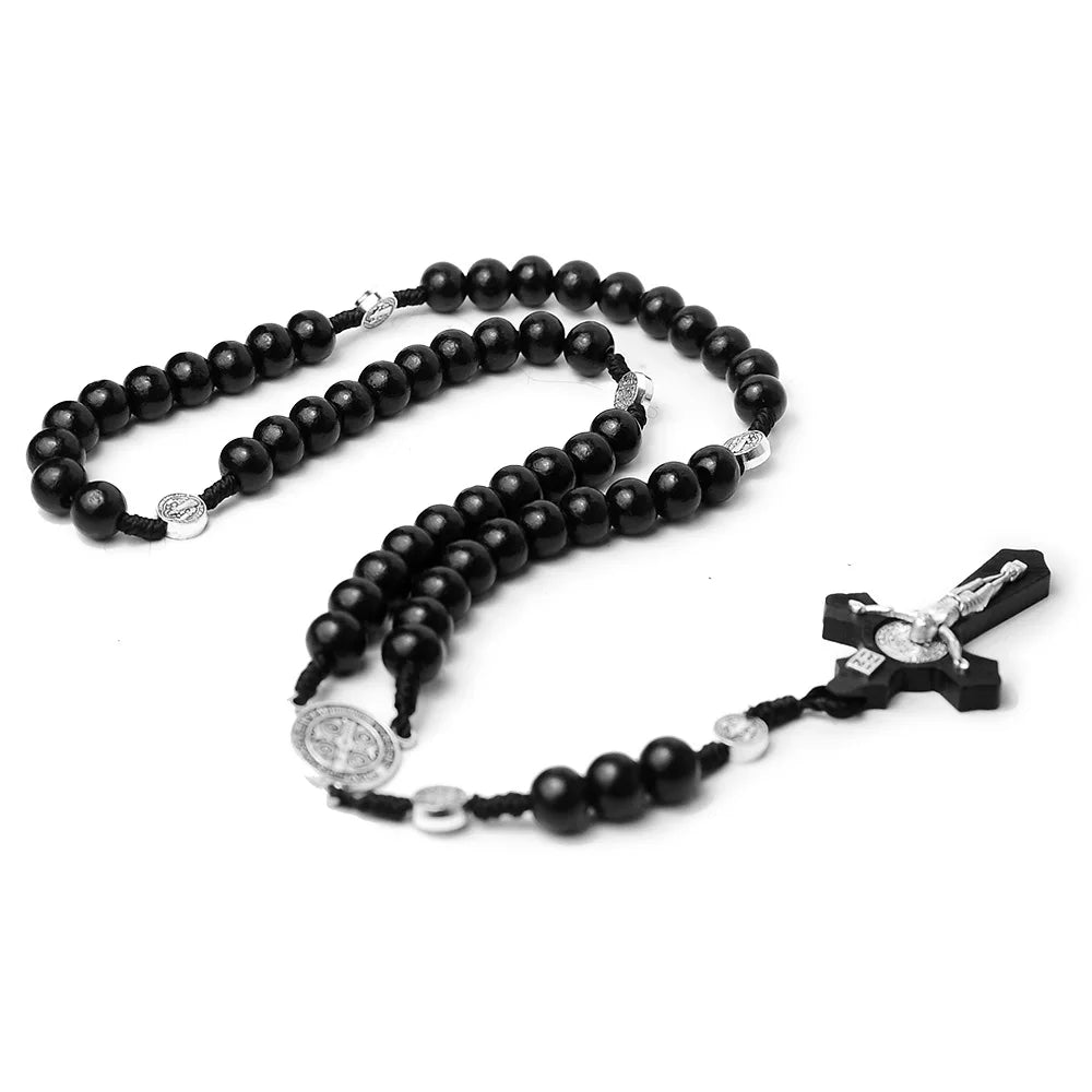 Catholic Wood Beaded Rosary Necklace - INRI Crucifix Cross Pendant Long Chain, Religious Prayer Jewelry for Men & Women