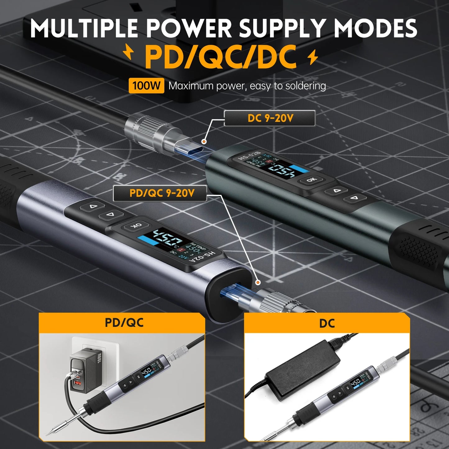 FNIRSI HS-02 Adjustable Temperature Soldering Iron - DC 24V, 100-450℃ | 100W Portable Rework Station for Welding & Repair