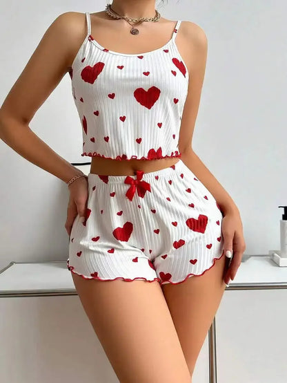 Hot Selling Women's Pajamas Set - 2PCS White Tank Top and Shorts Sleepwear with Red Love Print, Soft and Casual