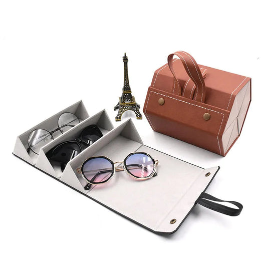 Portable Multi-Slot Eyeglasses Organizer: Travel-Friendly Folding Sunglasses PU Leather Case for Home Storage - 3/5 Grids Display