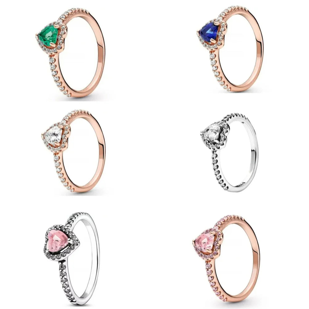 925 Silver Heart Ring with Red, Pink, White, Blue, Green Zircon - Rose Gold Design, Sparkling Original Rings for Women