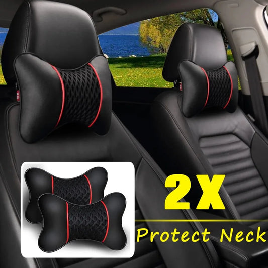 2Pcs Car Seat Neck Pillow - PU Leather Knitted Headrest Rest Cushion Support, Auto Black Safety Pillow, Car Accessories