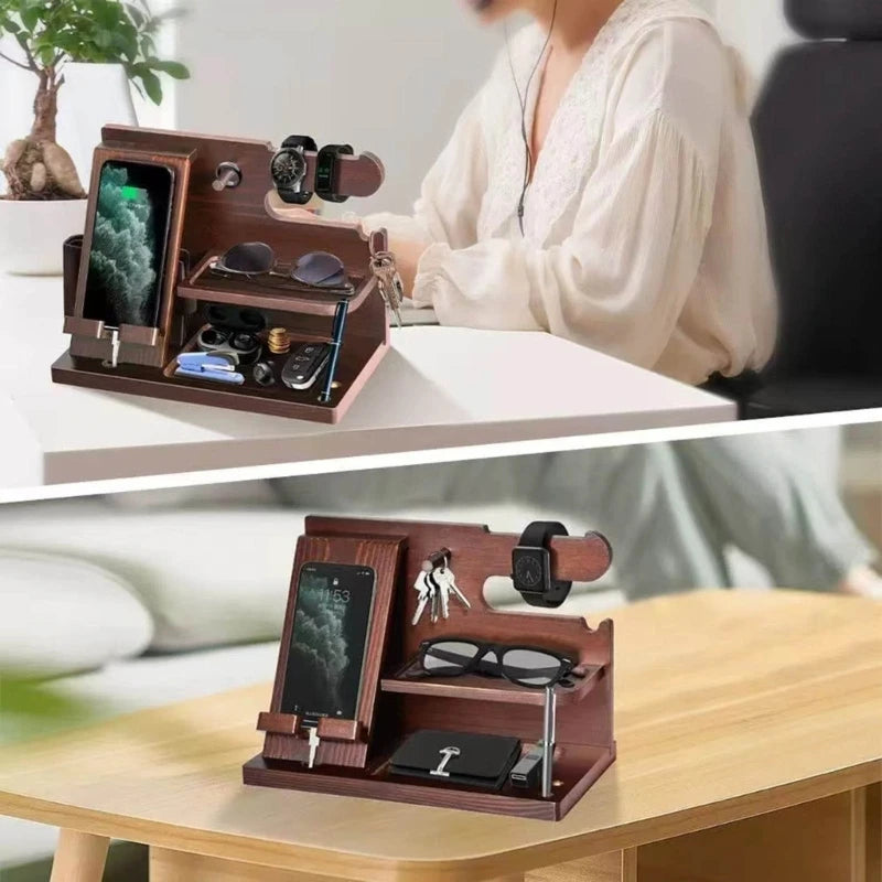 Wooden Bedside Phone Docking Station – Multifunctional Rack for Wallet, Watch, and Storage, Ideal for Valentine's Day