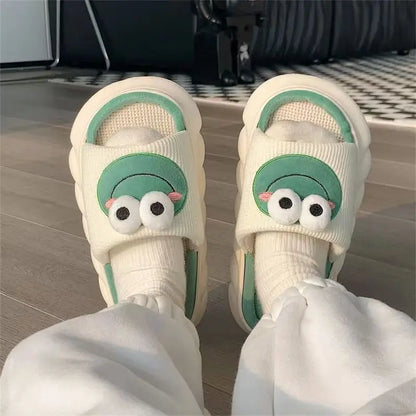 Cute Cartoon Frog Slippers: Winter Warm Indoor Home Slides with Thick Linen Sole - Couple Slipper Bedroom Anti-Slip Shoes Sandals for Women