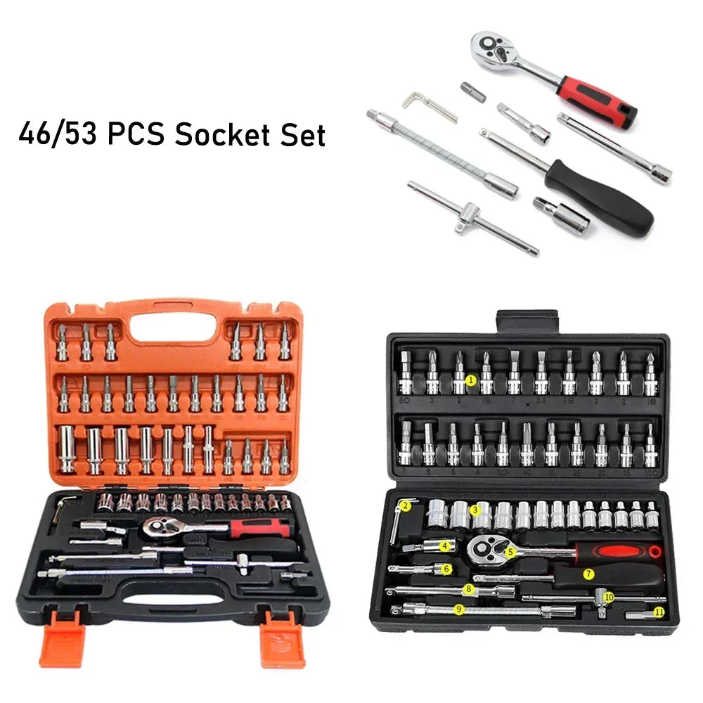 46/53pcs Drive Socket Set - 1/4 Inch Ratchet Wrench Set with Metric Hex Bit Sockets, Mechanic Tool Kits for Auto Repair