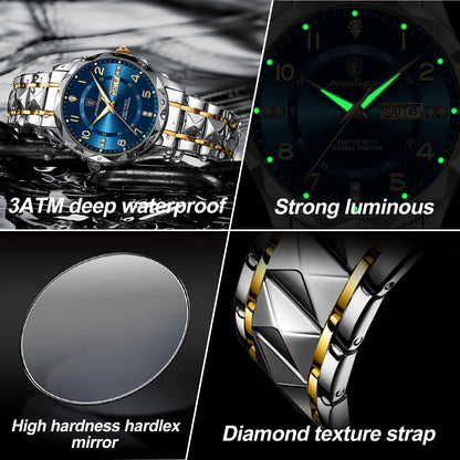 POEDAGAR Luxury Men’s Quartz Watch - Waterproof Date and Week Wristwatch, Luminous Stainless Steel Sports Watch