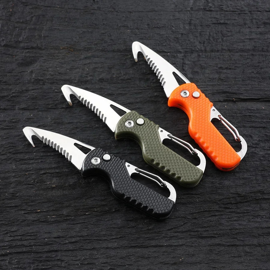 Portable Folding Knife with Keychain - Serrated Hook Knife for Outdoor Camping, Express Package Gift, and Survival Tool Box Opener