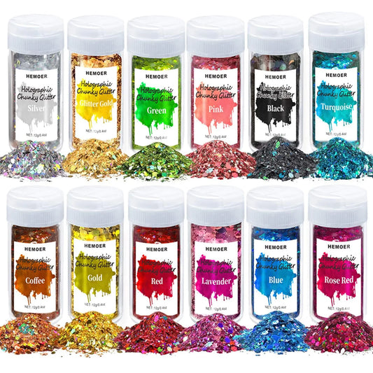 12-Color Holographic Chunky Glitter: 144g Craft Glitter, Face & Body Cosmetic Grade Sequins Glitter for Eyes and More