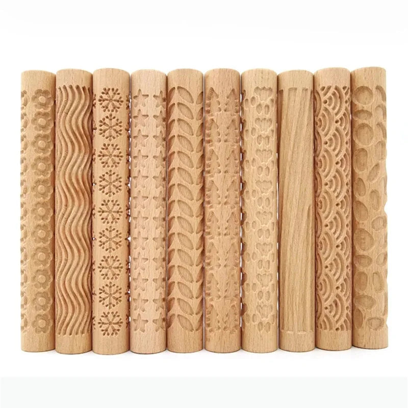 3D Embossed Pottery Rolling Pin - Wooden Hand Pressure Roller for Home Kitchen Baking, Pie and Cookie Making, Handmade Tool Supplies