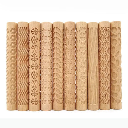 3D Embossed Pottery Rolling Pin - Wooden Hand Pressure Roller for Home Kitchen Baking, Pie and Cookie Making, Handmade Tool Supplies