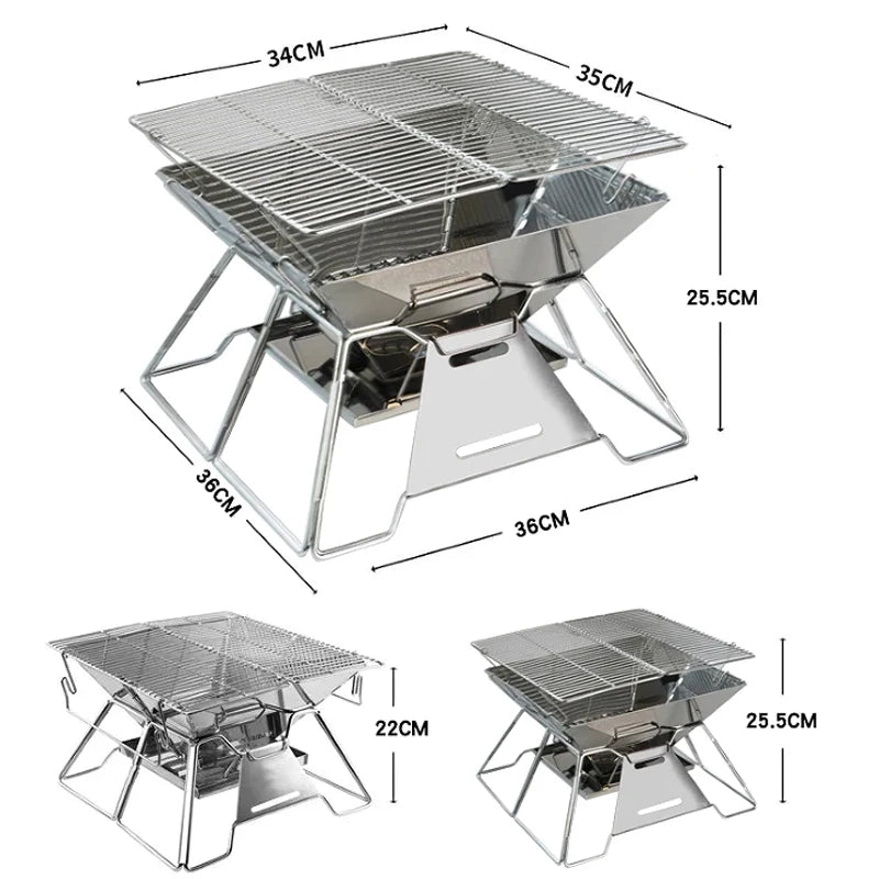 Folding Grill Fire Pit – Stainless Steel Outdoor Table Camping Stove with Charcoal Rack, Foldable Barbecue Grill