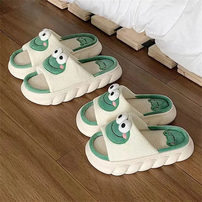 Cute Cartoon Frog Slippers: Winter Warm Indoor Home Slides with Thick Linen Sole - Couple Slipper Bedroom Anti-Slip Shoes Sandals for Women