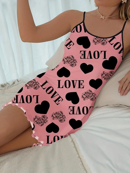 Casual Heart and  Letter Print Nightdress - Lettuce Trim Sexy Slip Short Nightdress, Women's Sleepwear and Dresses