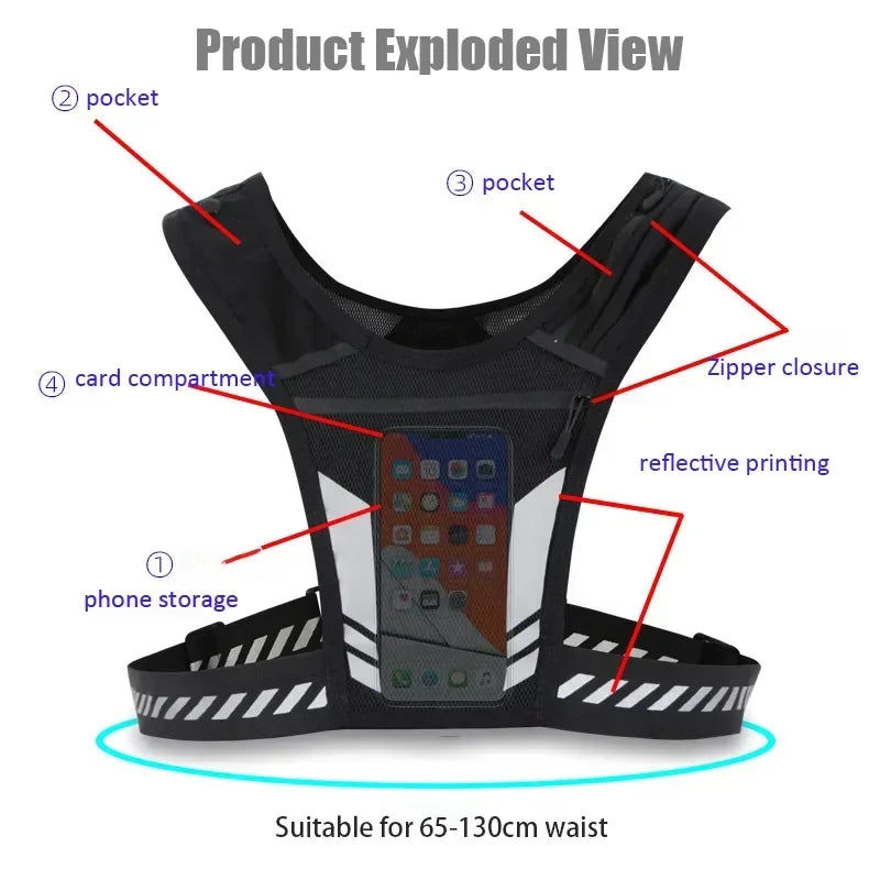 Reflective Running Backpack Vest - Lightweight Universal Sport Vest with Phone & Cards Bag for Jogging and Fitness