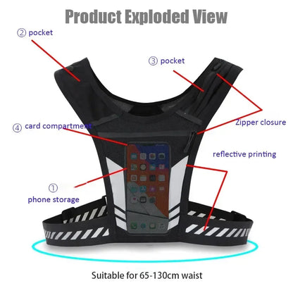 Reflective Running Backpack Vest - Lightweight Universal Sport Vest with Phone & Cards Bag for Jogging and Fitness