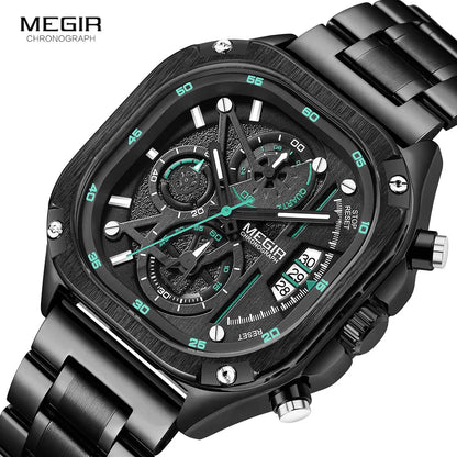 MEGIR Black Quartz Watch for Men – Waterproof, Square Dial, Chronograph, Stainless Steel Strap, Luminous Hands, Auto Date