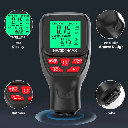 HW300-MAX Car Paint Thickness Gauge - 0-2000UM Coating Meter, Automotive Coating Tester for Fe and NFe Auto Paint